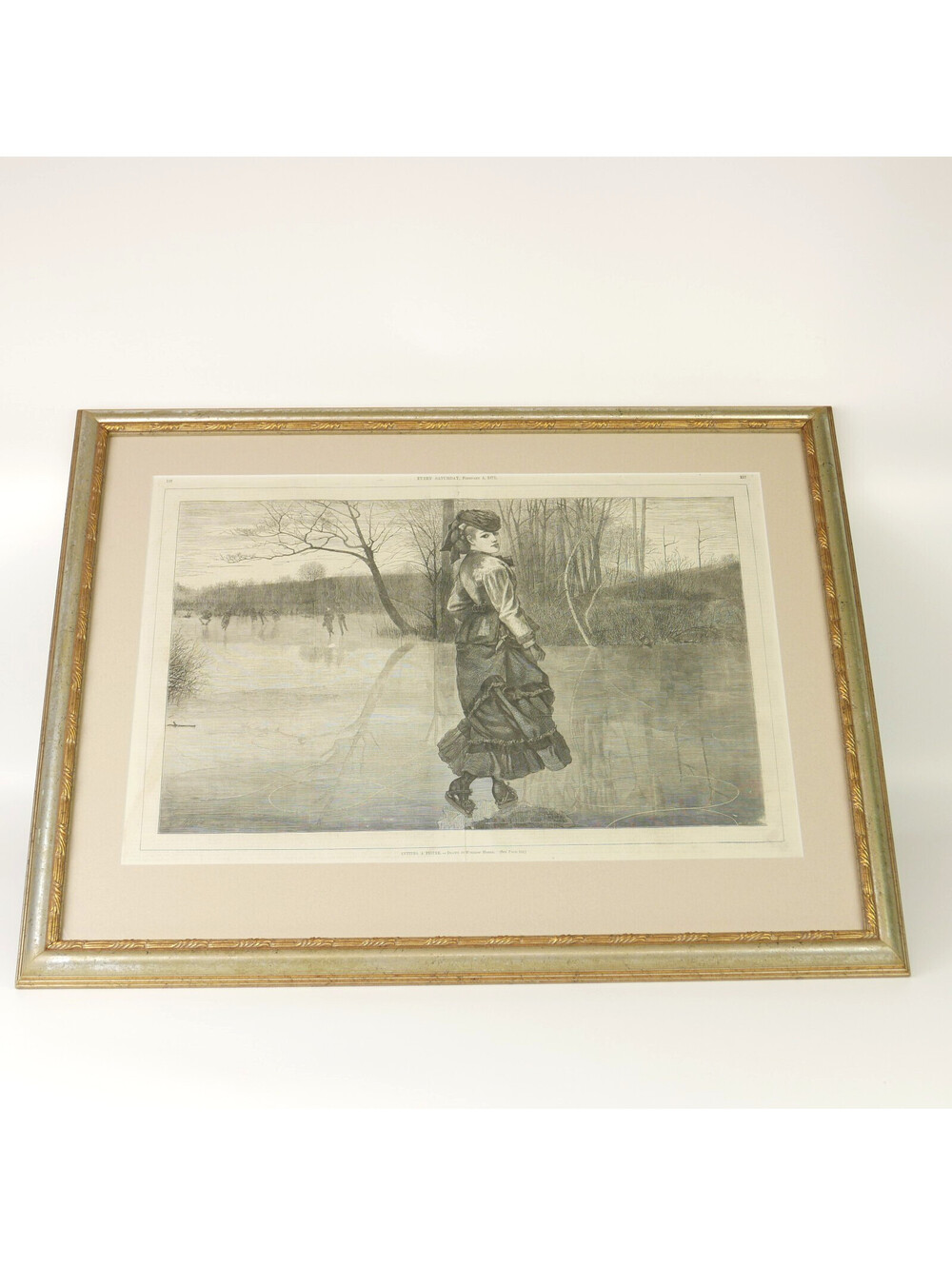 Antique Wood Engraving Print Winslow Homer Cutting A Figure Woman Ice Skate 1871
